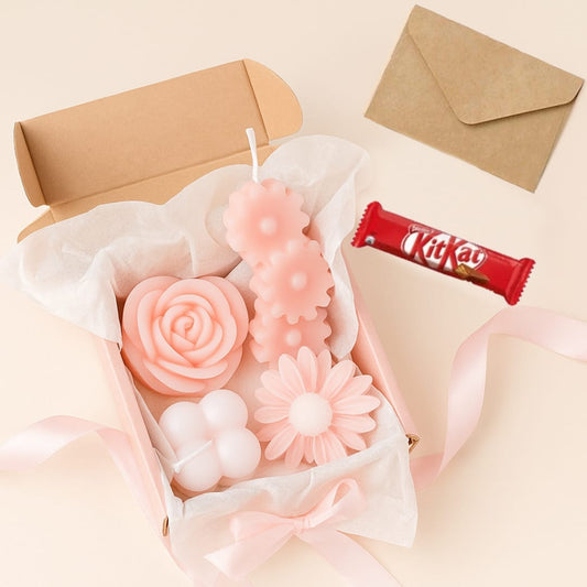 Floral Rose, Daisy & Mini Bubble Scented Candle Set  – Pastel Pink & White + Free Chocolate & Gift Card | Decorative Gift Box