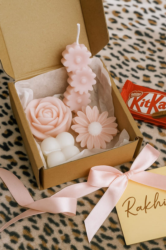 Floral Rose, Daisy & Mini Bubble Scented Candle Set  – Pastel Pink & White + Free Chocolate & Gift Card | Decorative Gift Box