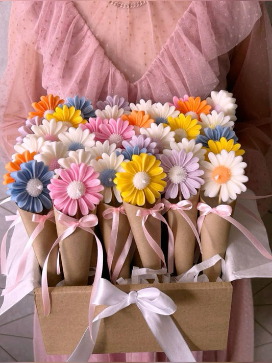 Premium Scented Daisy Flower Candles For Gifting | Wedding Gifts | Birthday | Bokeh Candle | Lollipop Candle | Net packed Candles